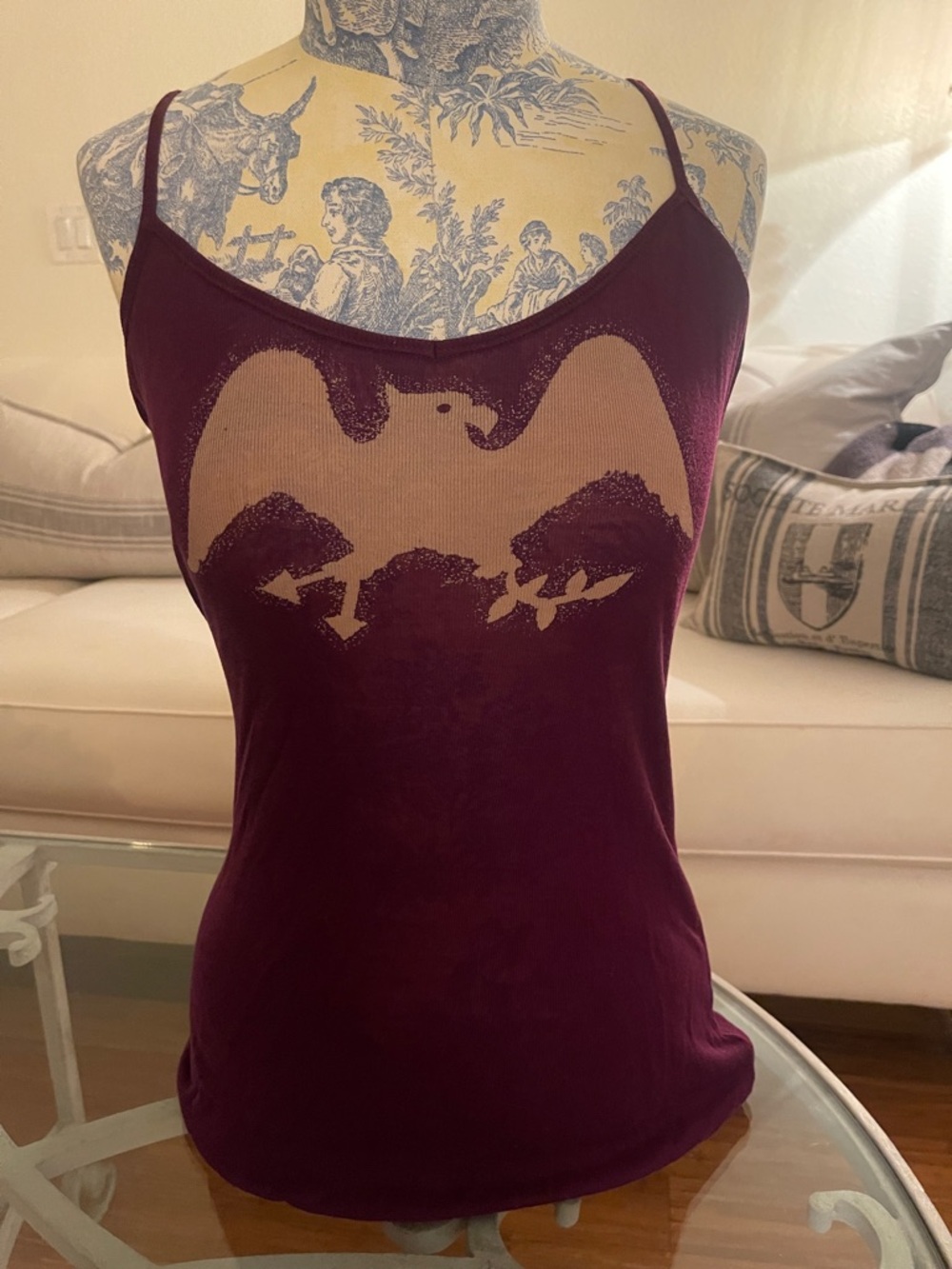 Vintage Free People Burgundy Graphic Spaghetti-Strap Camisole